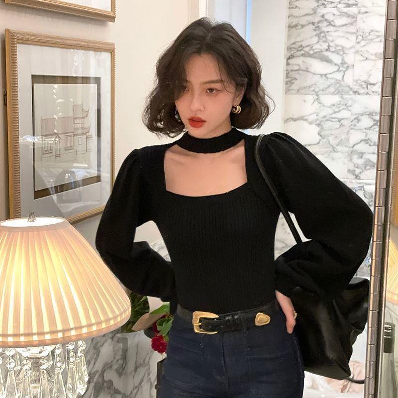 Áo Sweater Cổ Vuông Hở Lưng Màu Đỏ Phong Cách Nước Ngoài Thời Trang Thu Đông