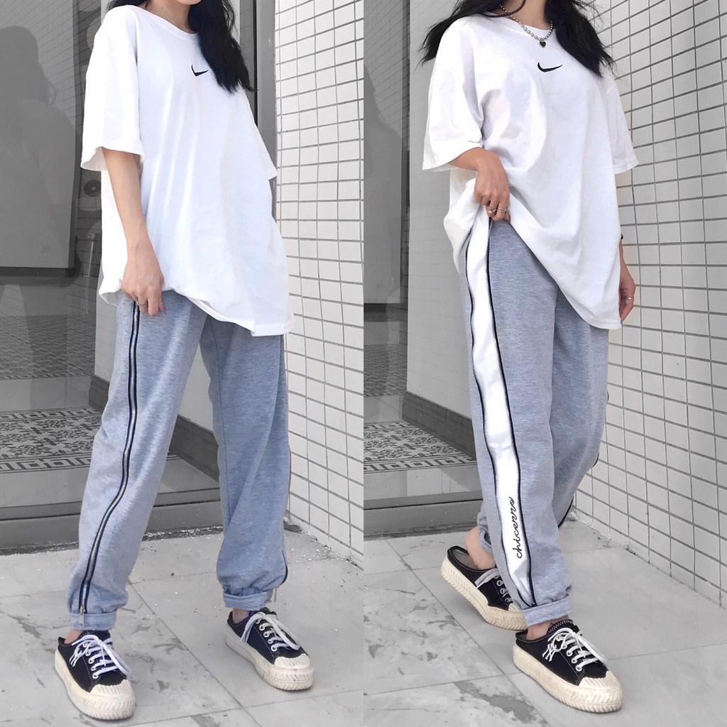 Quần Jogger Phối Dây Kéo Thêu CHICERRO Bo Gấu Ulzzang Unisex