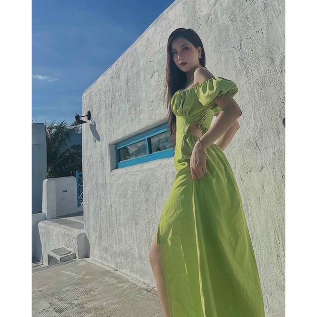 MAXI XANH BƠ RỚT VAI CỔ YẾM CUTOUT LƯNG