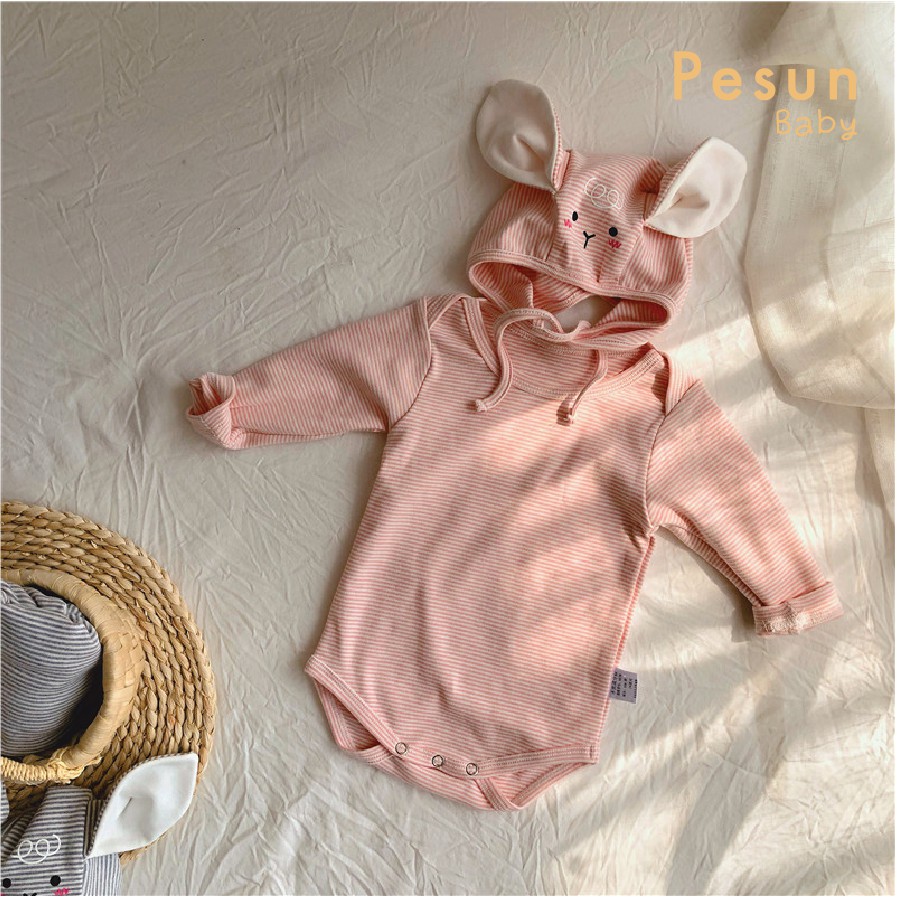 Set body kèm mũ tai thỏ ngộ nghĩnh 0-2 tuổi thun cotton cực thoải mái cho bé