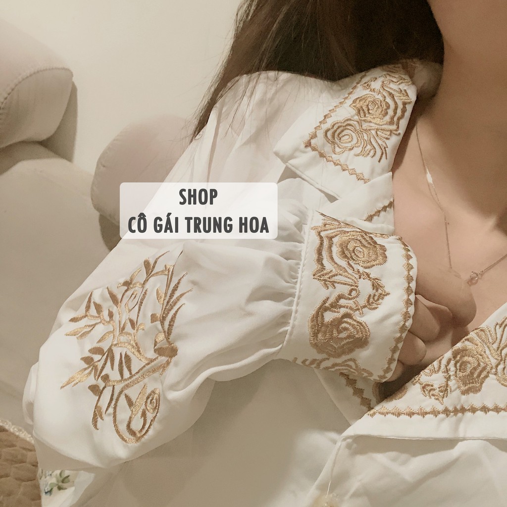 Áo sơ mi cổ vest thêu họa tiết hoa tiểu thư sang chảnh
