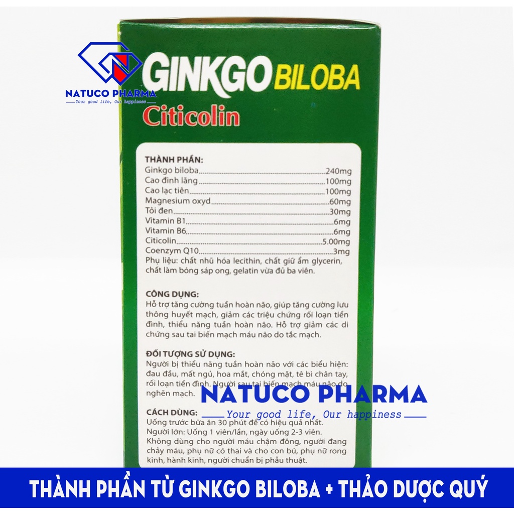 Ginkgo Biloba USA 240mg- hoạt huyết Tăng cường tuần hoàn não, giảm nguy cơ di chứng sau tai biến mạch máu não - Hộp 100V