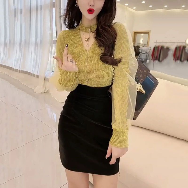 Áo Kiểu Tay Phồng Dài Chất Liệu Nhung Phối Lưới Thời Trang Cho Nữ