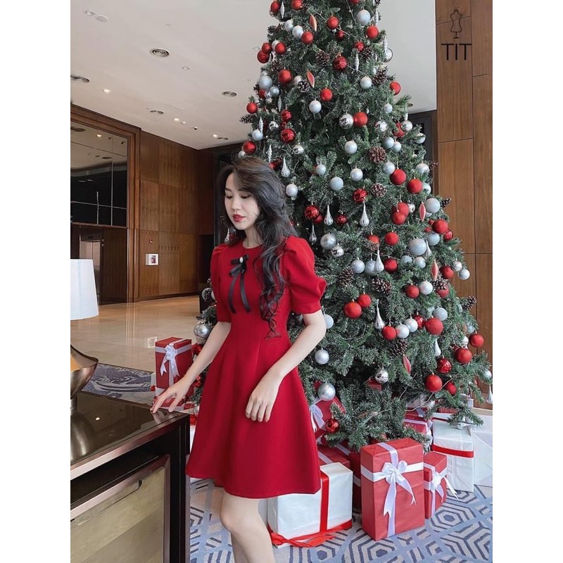 Bán sỉ váy đỏ tay bồng đính nơ đen