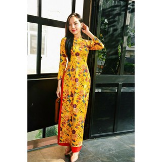 ÁO DÀI TRUYỀN THỐNG GẤM HOA MAI CAO CẤP 2 MÀU ĐỎ VÀ VÀNG