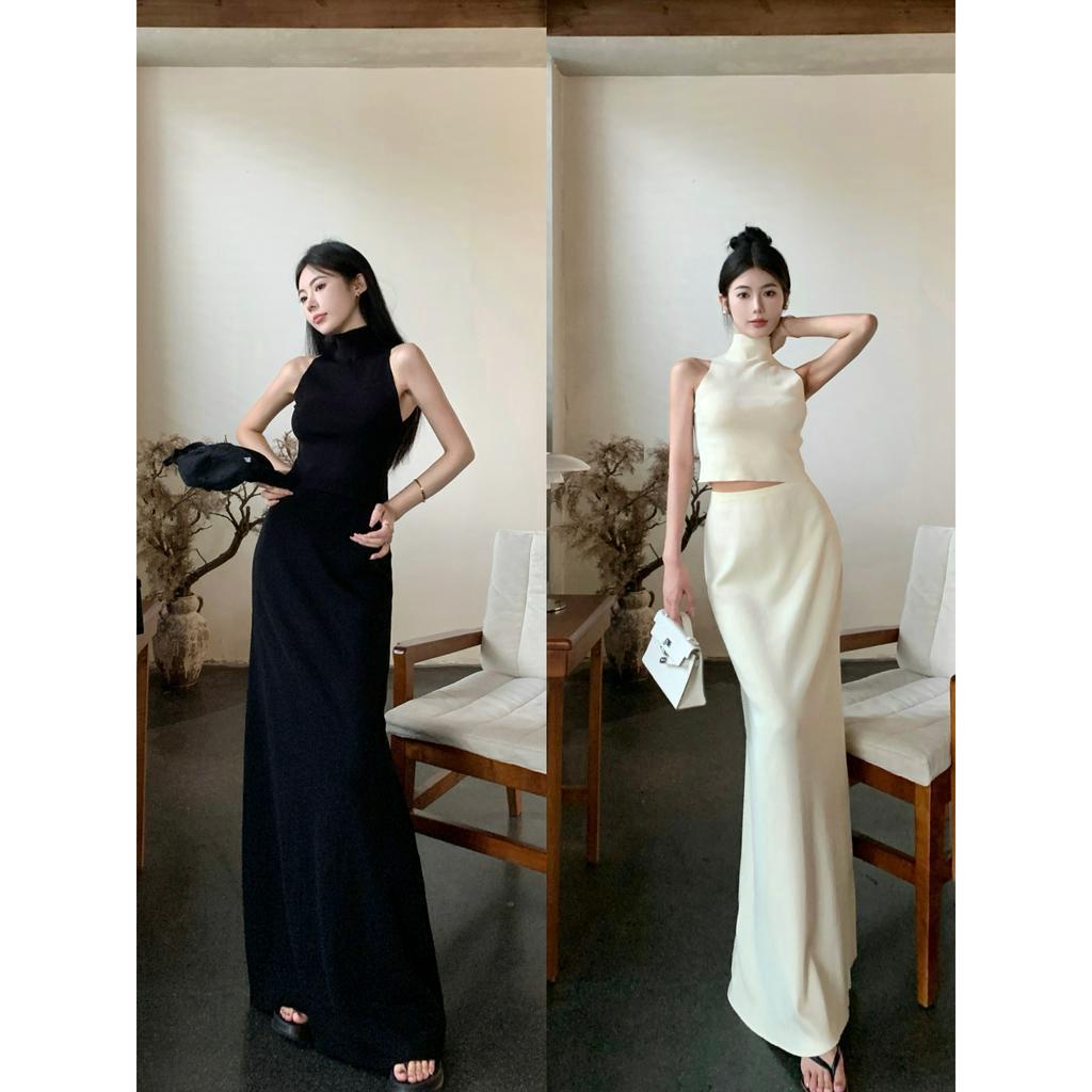 Bộ Áo tank top Dệt Kim Cổ Điển Với Chân Váy Lưng Cao Ôm Dài Nửa Dáng (Đặt Hàng Riêng Lẻ)