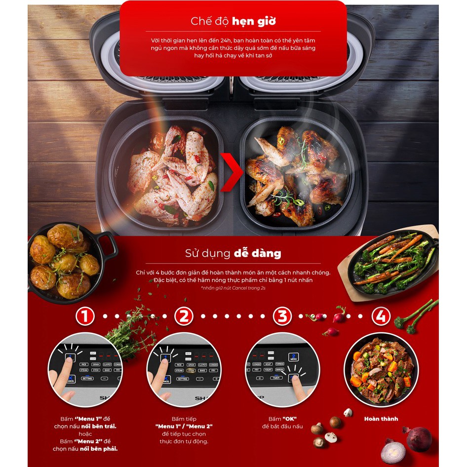 Nồi cơm điện tử đa năng Sharp 1.8 Lít, 2 ngăn nấu 4 món/lần, điều khiển cảm ứng (KN-TC50VN-SL) | BigBuy360 - bigbuy360.vn