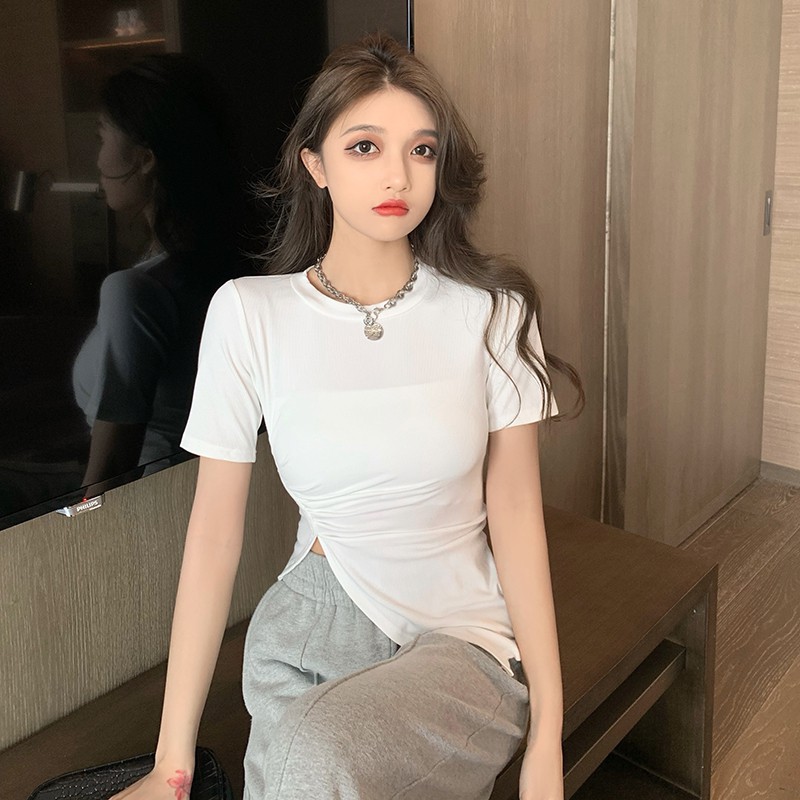 Cocory vn  Áo Croptop Tay Ngắn Cổ Tròn Thiết Kế Độc Đáo Hợp Thời Trang