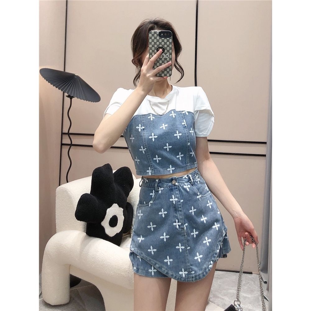 Set Áo Tay Phồng + Quần Jeans Chữ A Thời Trang Nữ