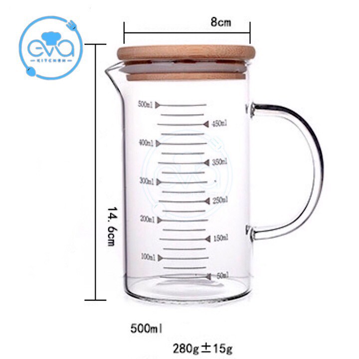 Ly Thuỷ Tinh Chia Vạch Đo Lường 500 Ml Kèm Nắp Gỗ Đậy