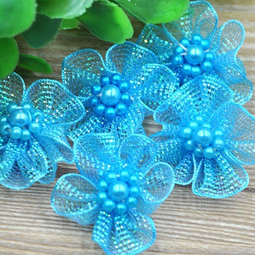 10 cái hoa kết thủ công bằng hạt nhựa và dây ruy băng Organza nhiều màu sắc