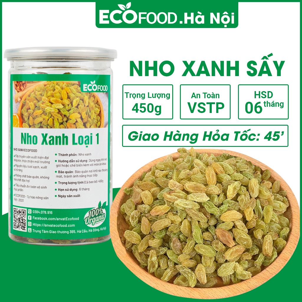 Nho xanh sấy dẻo 450G ecofood sấy dẻo thơm ngon an toàn vệ sinh thực phẩm