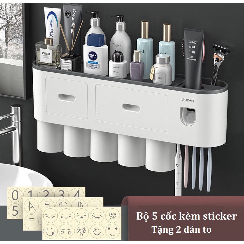 Bộ Nhả Kem Đánh Răng OENEN, Kệ Nhả Kem Tự Động 5 Cốc Dán Tường Siêu Chắc- Bảo Hành Chính Hãng