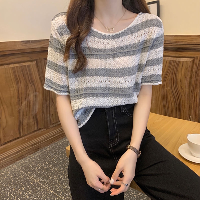 Áo Thun Dệt Kim Ngắn Tay Cổ Tròn Họa Tiết Kẻ Sọc Dáng Rộng Thời Trang Cho Nữ JL-TX-193