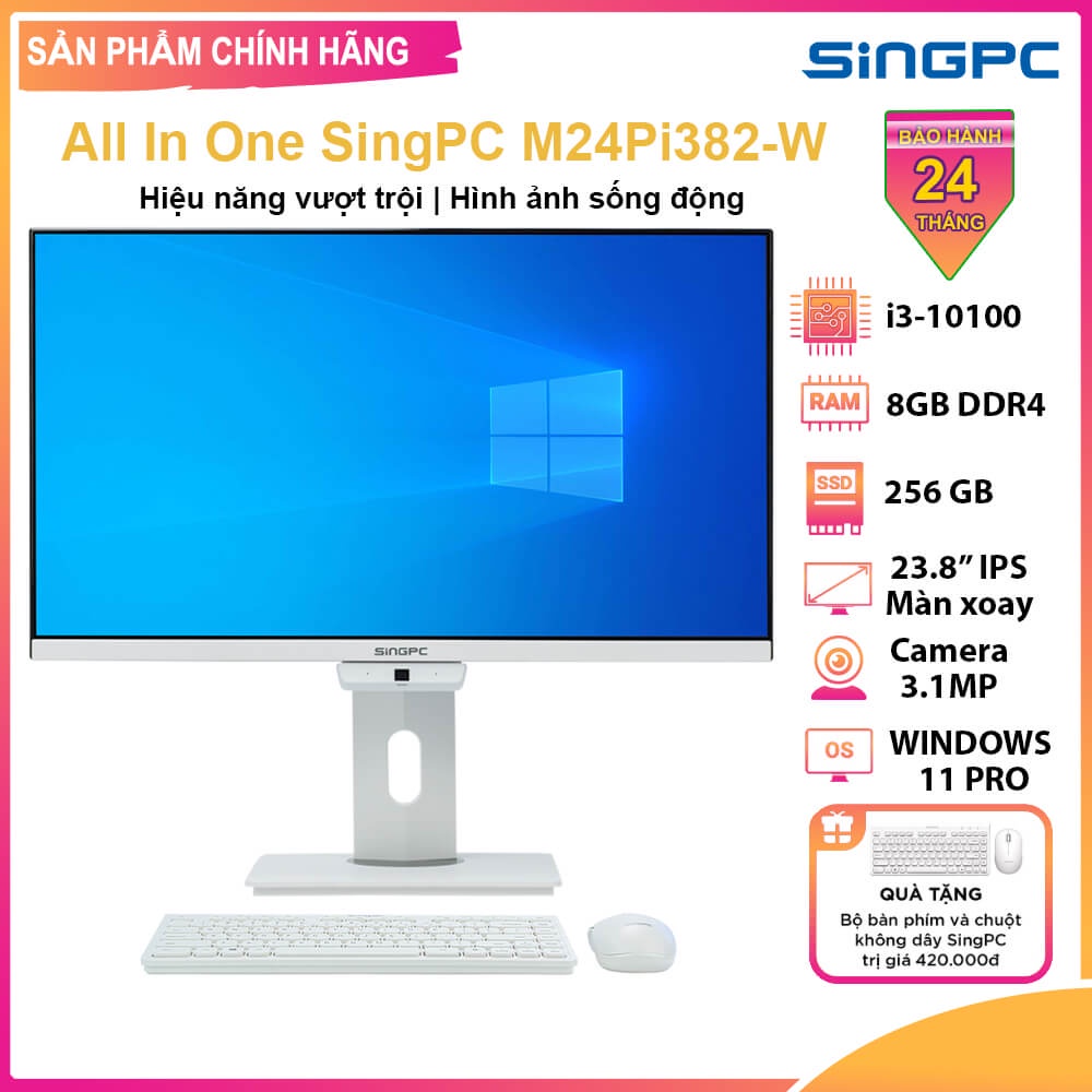 Máy tính bàn All in one SingPC M24Pi382-W (i3-10100/8GB/256GB/23.8"FullHD IPS/WiFi/Bluetooth/ Camera/Mic/Loa/Win11Pro)