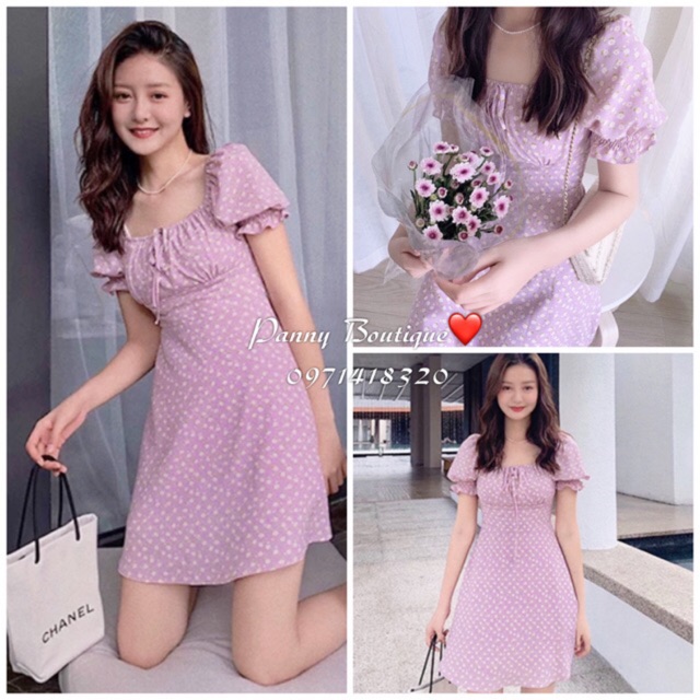 Đầm cổ vuông nhún ngực hoa nhí tím lilac, style ulzzang Hàn Quốc 🌻 Panny Boutique 🌻