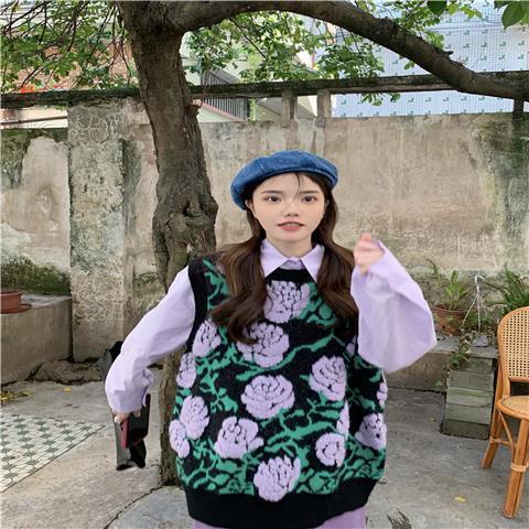 Set Áo Sơ Mi Dáng Rộng + Áo Khoác Len Không Tay Họa Tiết Hoa Xinh Xắn Ngọt Ngào Thời Trang Cho Nữ