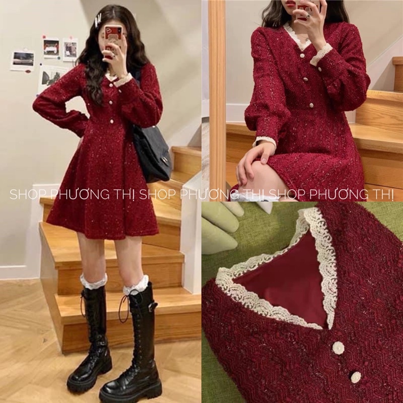 Váy dạ kim tuyến cổ V viền ren màu đỏ siêu tôn da (hàng sẵn)