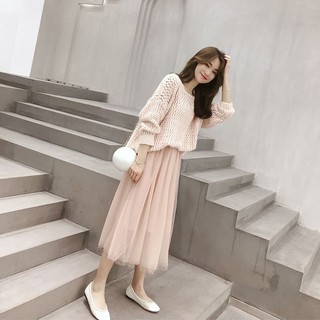Phiên Bản Hàn Quốc Phù Hợp Với Mùa Thu Đông ins Siêu Nóng Lười Phong Cách Áo Len Đầm Nữ Rời Over-the-Knee Lưới Váy Phù Hợp Với Đầm Mùa Đông Đan Phù Hợp Với Thả Vai Rỗng Sw