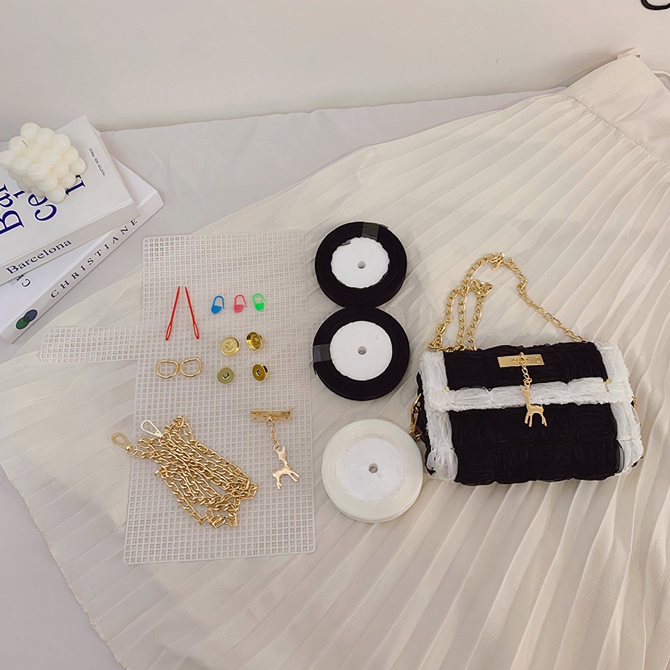 Túi tự đan handmade, túi đeo chéo ruy băng phối màu thời trang Hàn Quốc - Bộ phụ kiện đầy đủ LX303