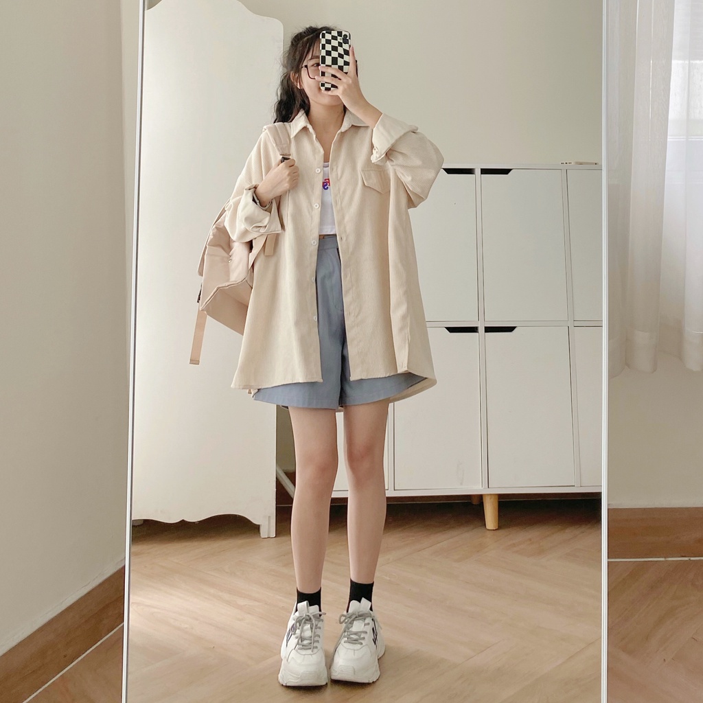 Áo Sơ Mi Nữ Tay Dài Túi Hộp Thiết Kế Basic Sơ Mi Form Rộng Chất Liệu Nhung Gân 5 Màu Đen Kem Xám Be Nâu Nhạt YOLI 10171