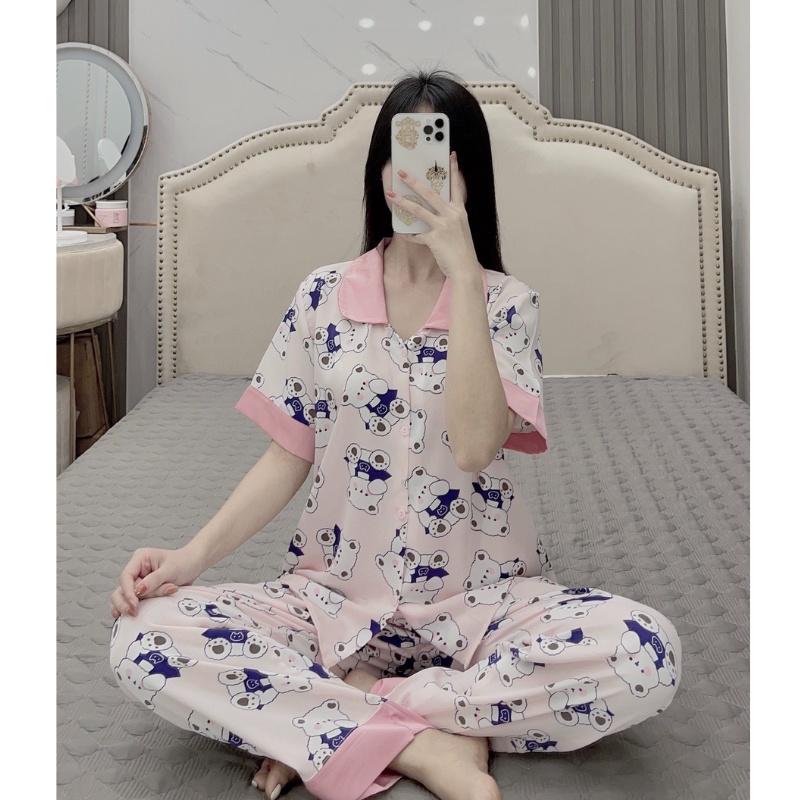 Đồ bộ pijama mặc nhà, đồ bộ nữ cộc tay quần dài chất lụa satin mềm mại, họa tiết xinh xắn | BigBuy360 - bigbuy360.vn