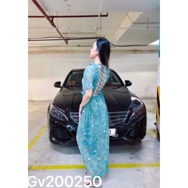 Maxi xanh hoa bướm đan lưng