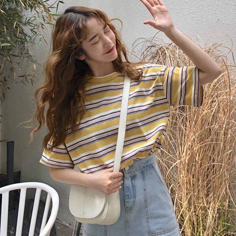 Áo thun nữ tay ngắn cổ tròn họa tiết sọc ngang màu thời trang phong cách Hàn Quốc