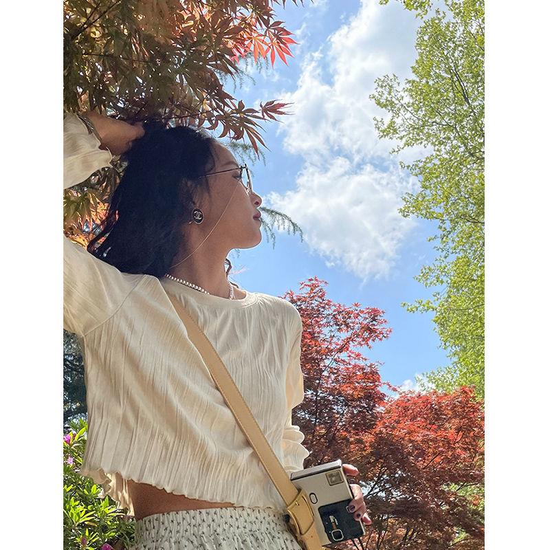 ✤♂✧Áo dài tay cổ tròn màu trơn thiết kế xếp ly phong cách Retro Pháp