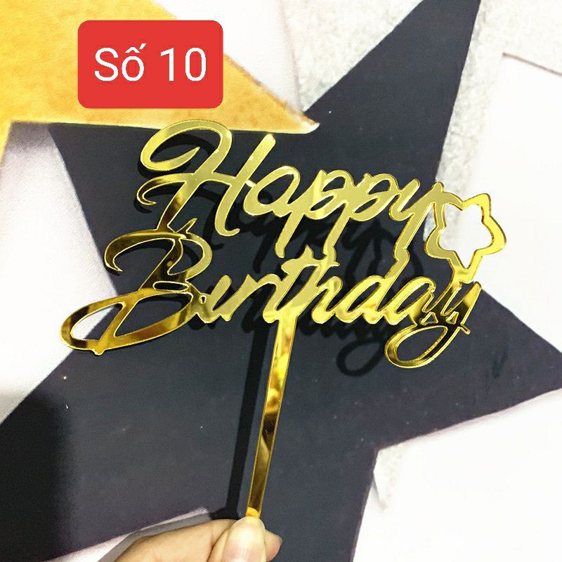 Cắm chữ mica, topper chữ Happy Birthday cắm bánh sinh nhật, bánh kem màu vàng