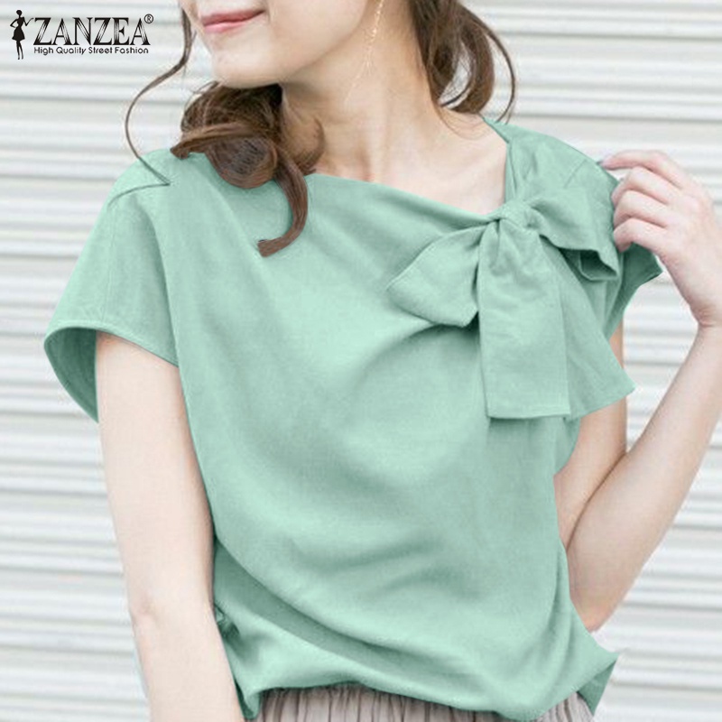 Áo kiểu ZANZEA tay ngắn màu trơn thắt nơ thời trang dành cho nữ