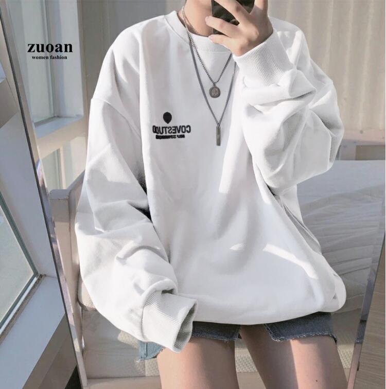 Áo Sweater Tay Dài Cổ Tròn Dáng Rộng Họa Tiết Chữ In Cho Phái Nữ