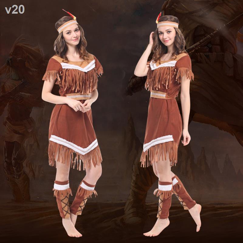 ✿Halloween trẻ em tù trưởng bộ lạc trang phục người lớn công chúa da đỏ man rợ quần áo bản địa nguyên thủy