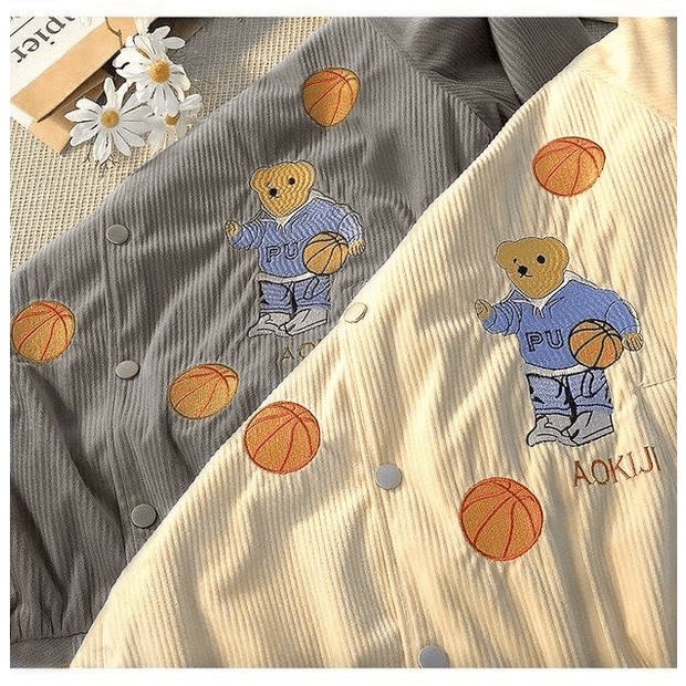 Áo khoác Nhung gân nữ nút bấm form rộng phối họa tiết CHÚ GẤU phong cách siêu đẹp giá rẻ TP581 [NewUnisex]