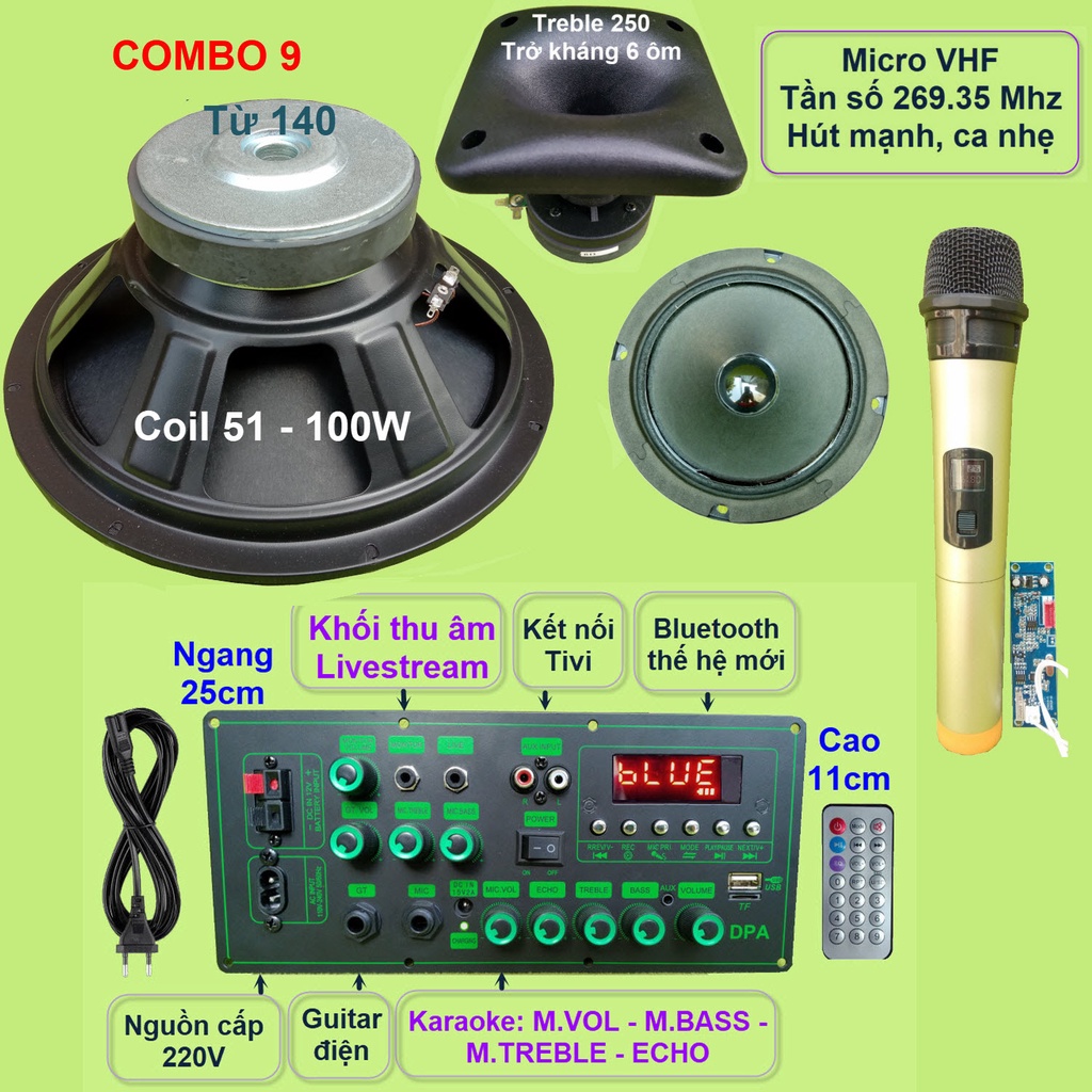 Mạch loa kéo 3 tấc đơn MD9840 150 thu âm LIVESTREAM - DSP lập trình chống hú, chỉnh Bass Treble Micro