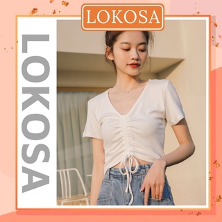Áo Croptop Rút Dây Tay ngắn LOKOSA chất thun gân co giãn rút ngực buộc nơ cá tính ôm sexy cổ tim màu đen trắng AO002