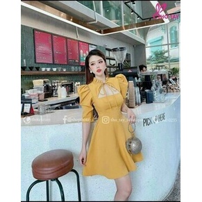 Đầm tiểu thư đi dự tiệc cưới sang chảnh cá, thiết kế tay phồng khoét cổ sâu sexy có mút, tà váy xòe tôn dáng dài đẹp