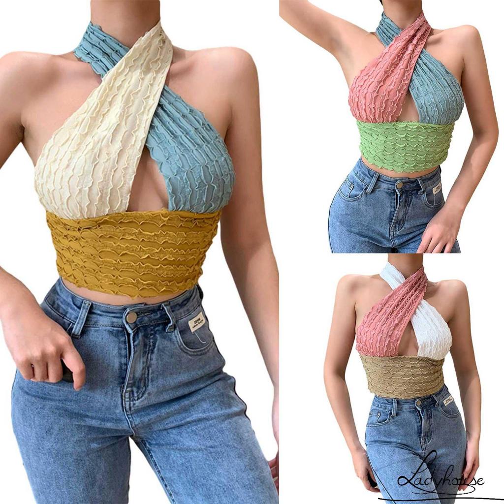 Áo Hai Dây Mỏng Hở Rốn Màu Sắc Tương Phản Thời Trang Mùa Hè Quyến Rũ Cho Nữ