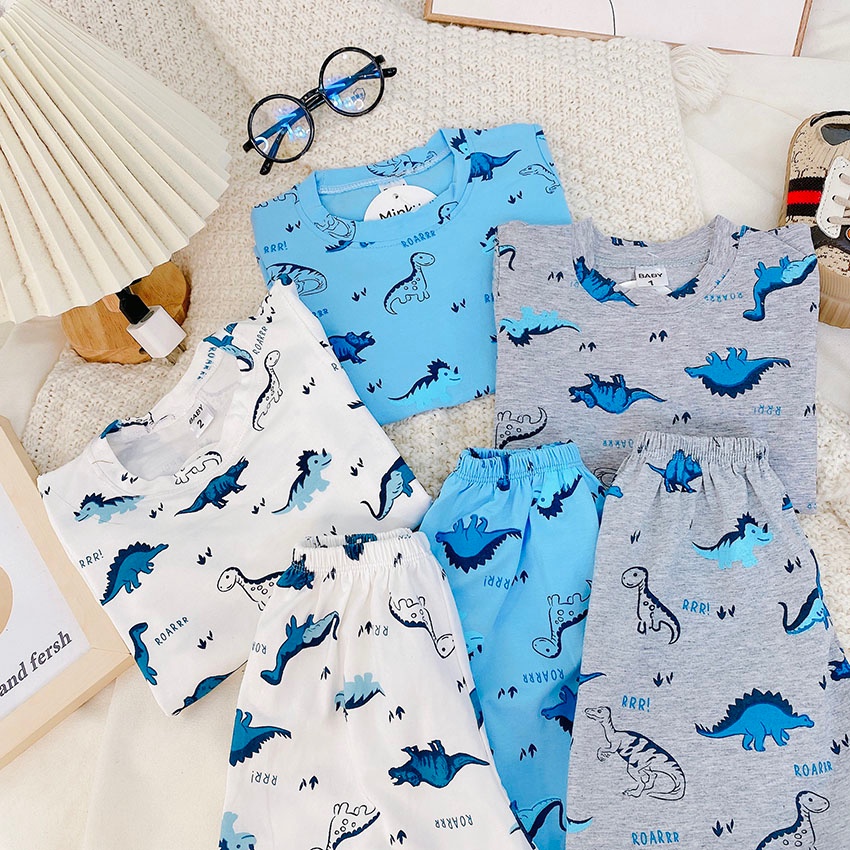 Bộ Quần Áo Trẻ Em Cộc Tay In Nhiều Hình Khủng Long Vải Cotton Thấm Mồ Hôi Cho Bé Trai Từ 7-19kg Mã CT54