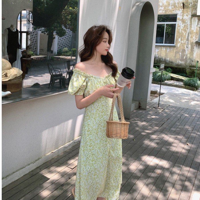 (ORDER- sẵn size S ) Váy hoa nhí dáng dài nhẹ nhàng trễ vai nhún ngực điệu đà xẻ tà dáng ngắn/dài