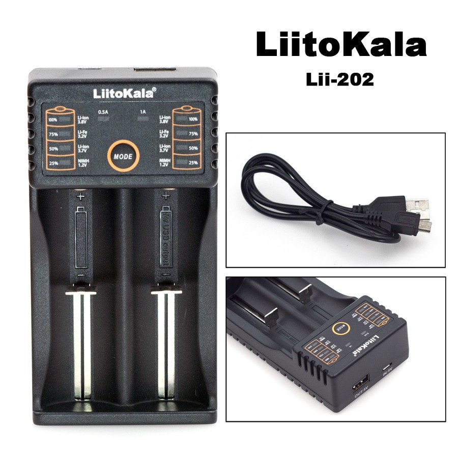 Sạc LiitoKala Lii-202, sạc 2 khay pin 18650 26650 16340 14500.