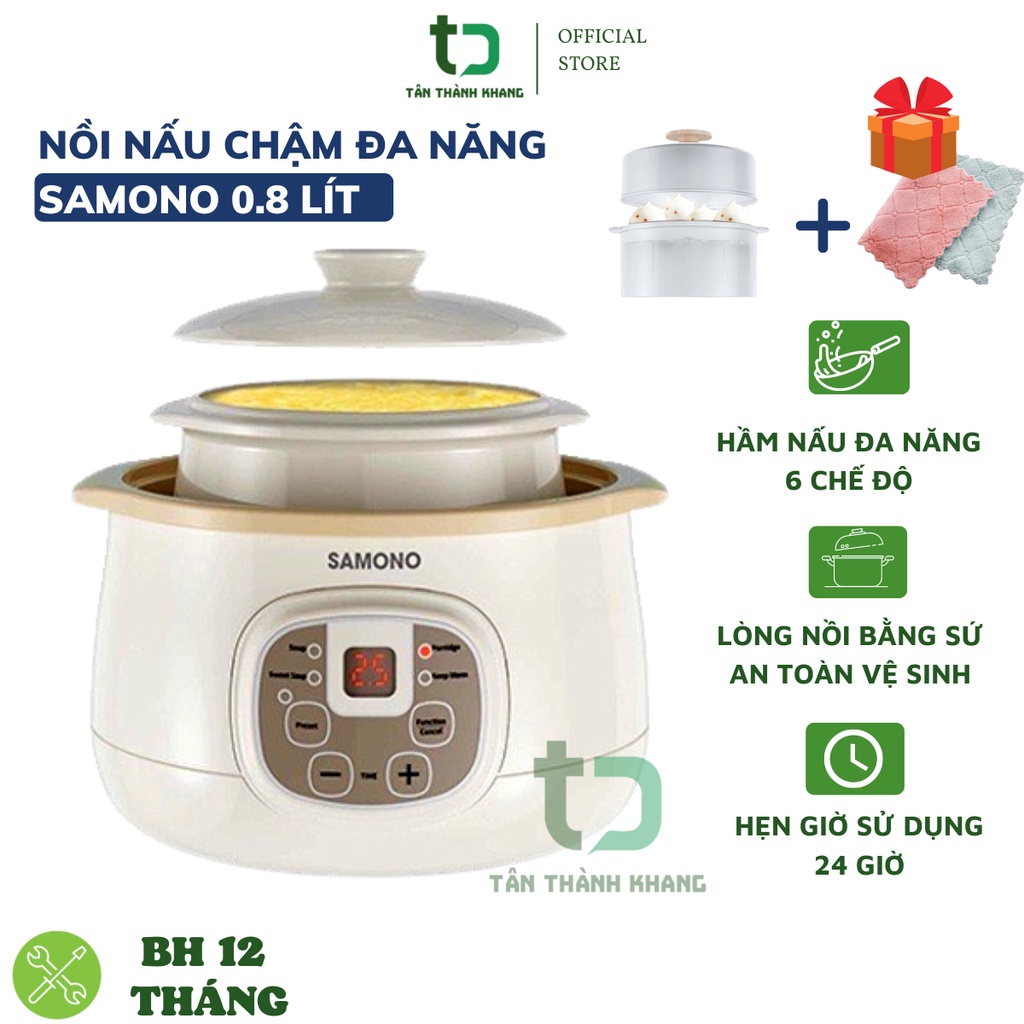 Nồi Nấu Chậm Đa Năng SAMONO SW-SC08 0.8L, 4 Chế Độ Nấu Đa Năng, Bảng Điều Khiển Tiếng Việt, Lòng Sứ Cao Cấp