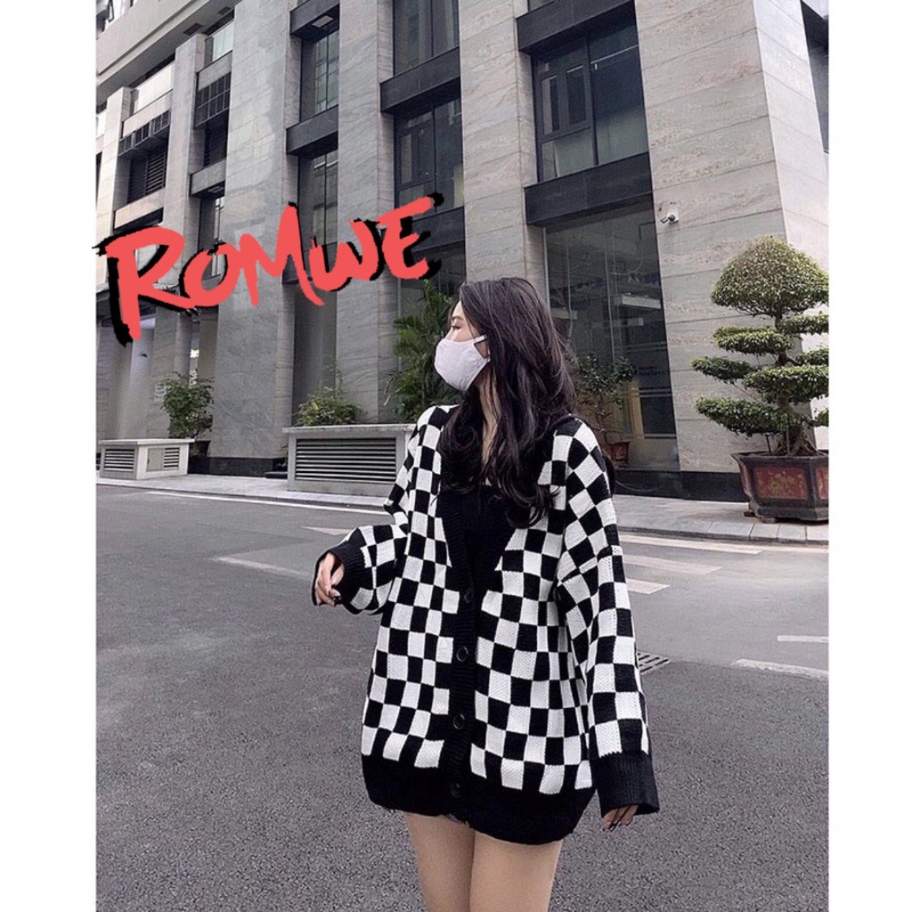 Áo khoác nữ đẹp romwe cardigan phối họa tiết bàn cờ tay dài dáng ulzzang phong cách unisex