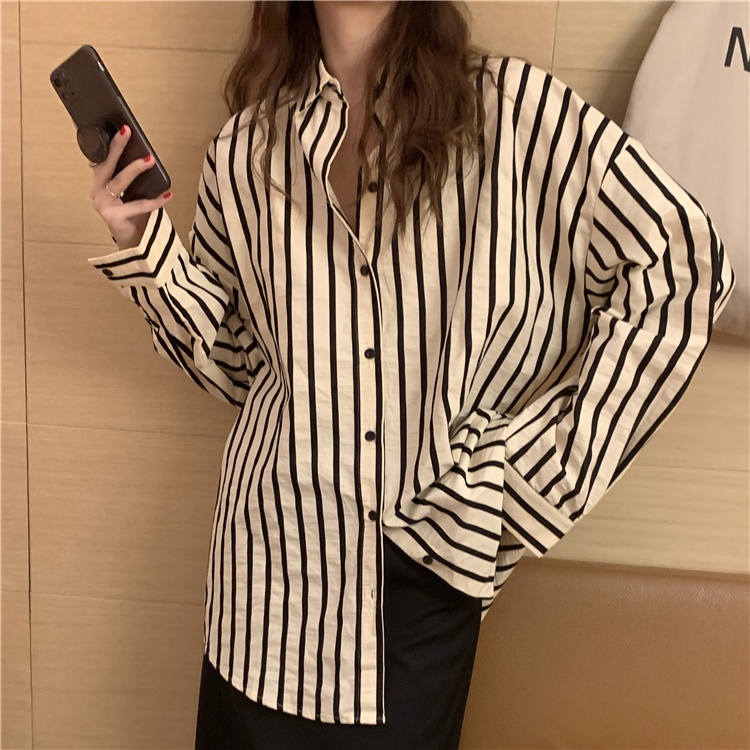 Porozi  Áo sơ mi  tay dài dáng rộng kẻ sọc phong cách Hàn Quốc dễ phối đồ dành cho nữ