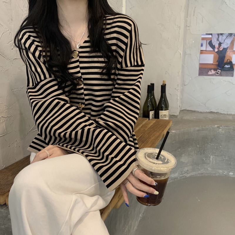 Áo khoác cardigan cổ chữ V tay dài họa tiết kẻ sọc thời trang