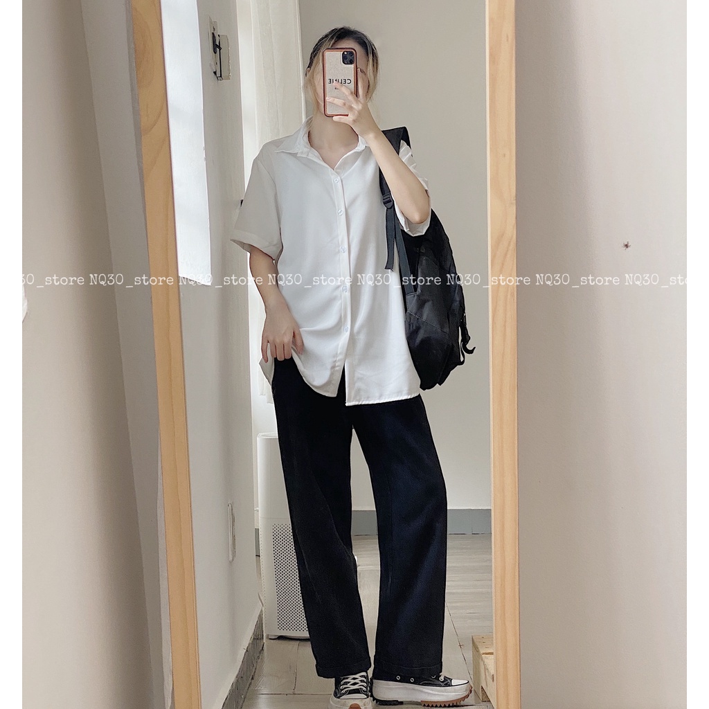 Áo Sơ Mi Trơn Tay Ngắn Form Rộng Trắng Nam Nữ Unisex