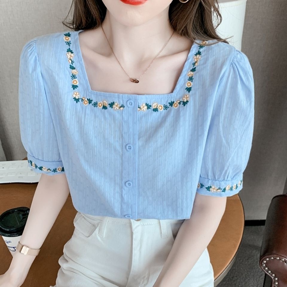 Áo sơ mi cổ vuông dáng rộng thêu họa tiết thời trang phong cách Hàn Quốc cho nữ