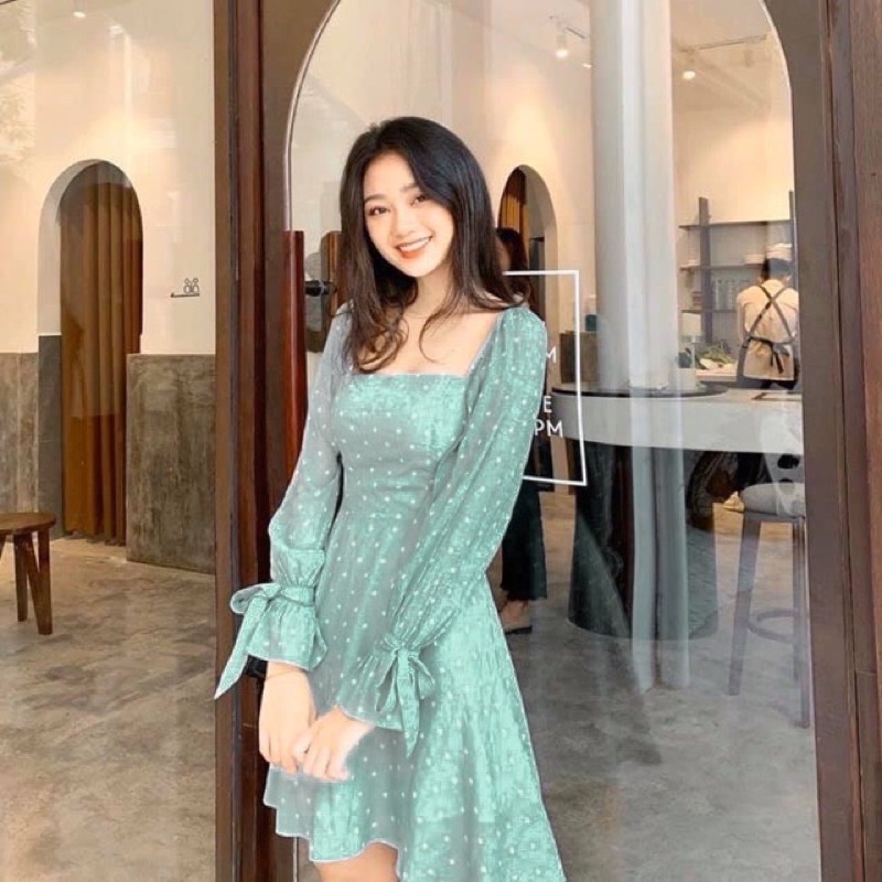 ĐẦM XÒE BI VOAN TAY DÀI CỘT NƠ 2 LỚP TIỂU THƯ XINH XẮN