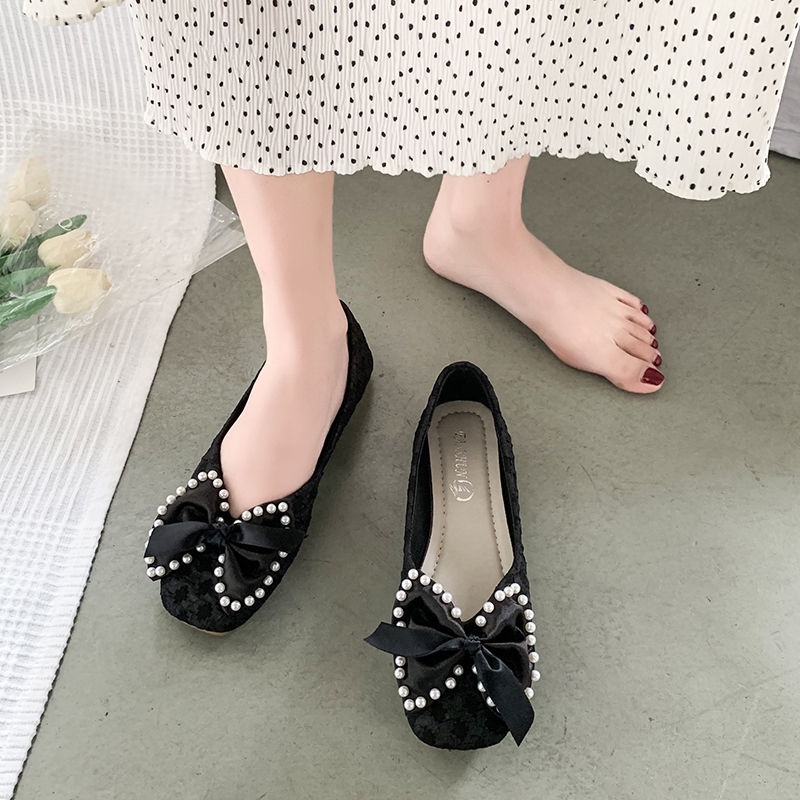 Giày Búp Bê Mũi Vuông Đính Nơ Và Ngọc Trai Phong Cách Hàn Quốc Cho Nữ