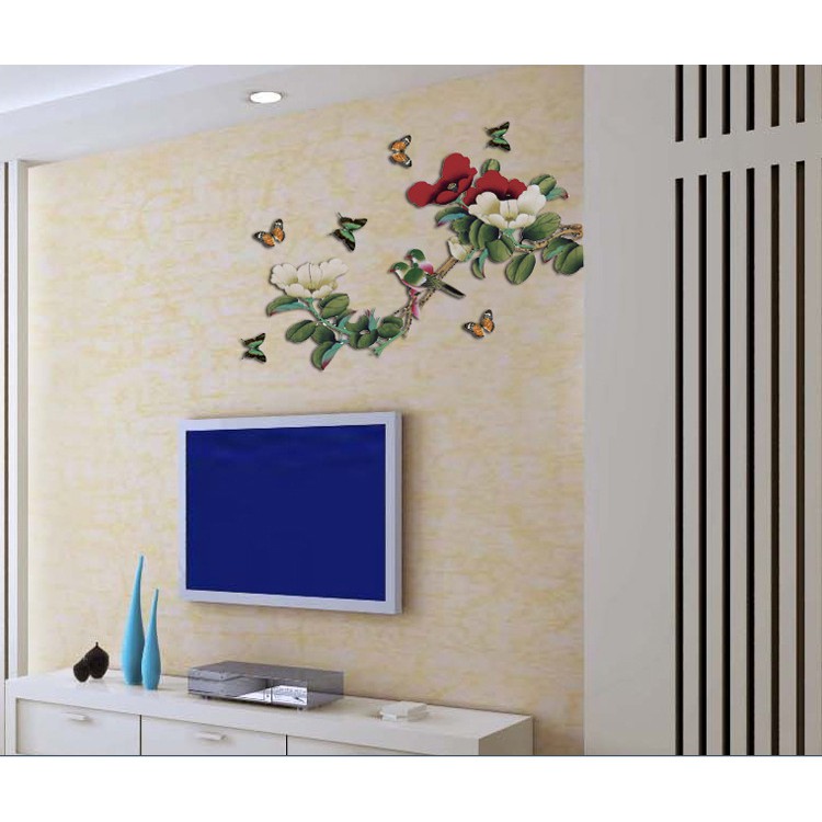 Decal trang trí tường Cành Hoa Hồng Đỏ Trắng Cổ Điển